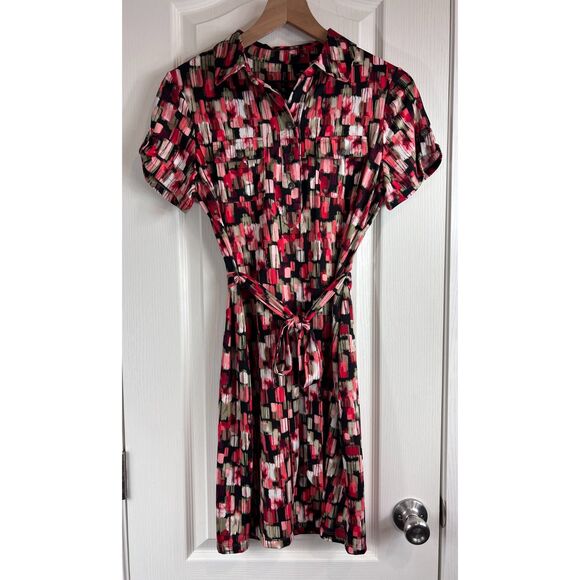 New Directions Shirt Dress Pink Red Black Green Print Tie Belt Women's Petite M - Picture 1 of 10